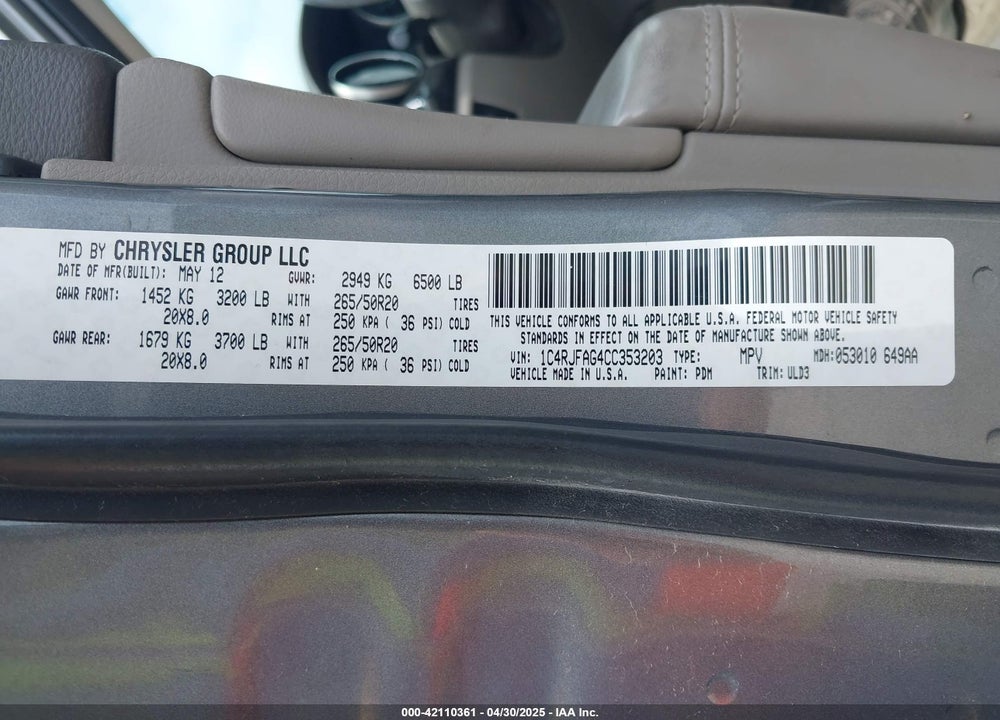 2012 JEEP GRAND CHEROKEE VIN: 1C4RJFAG4CC353203