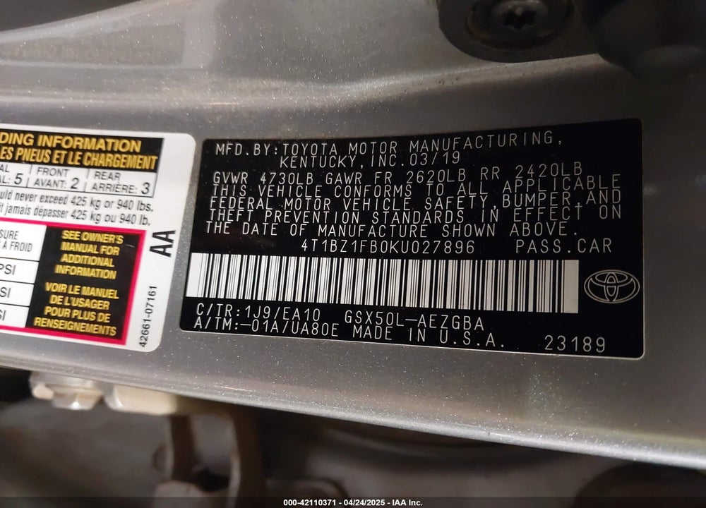 2019 TOYOTA AVALON XLE VIN: 4T1BZ1FB0KU027896