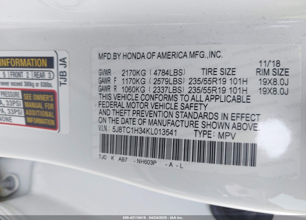 2019 ACURA RDX VIN: 5J8TC1H34KL013541