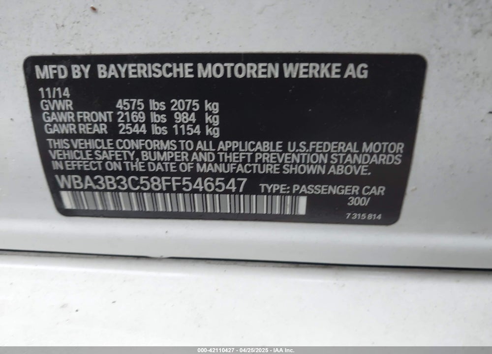 2015 BMW 328I XDRIVE VIN: WBA3B3C58FF546547