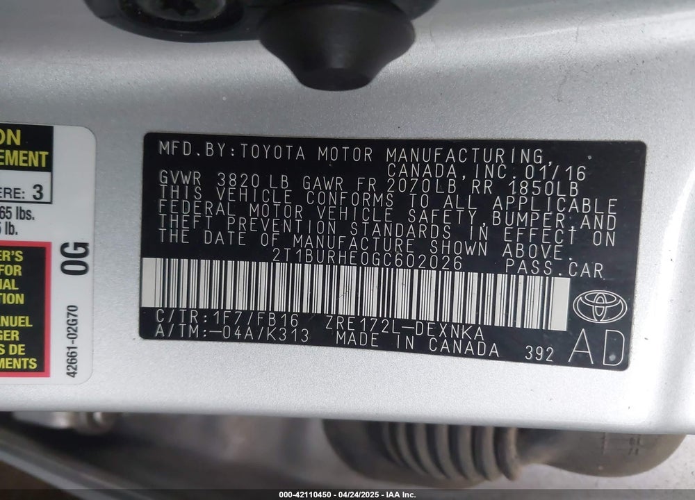 2016 TOYOTA COROLLA VIN: 2T1BURHE0GC602026