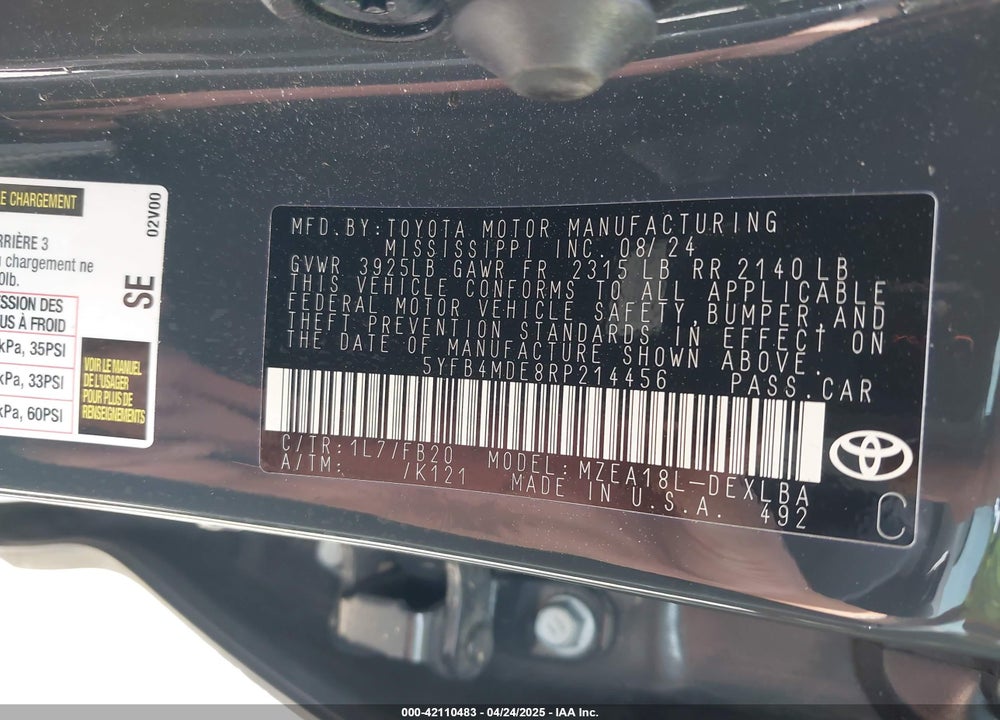 2024 TOYOTA COROLLA VIN: 5YFB4MDE8RP214456