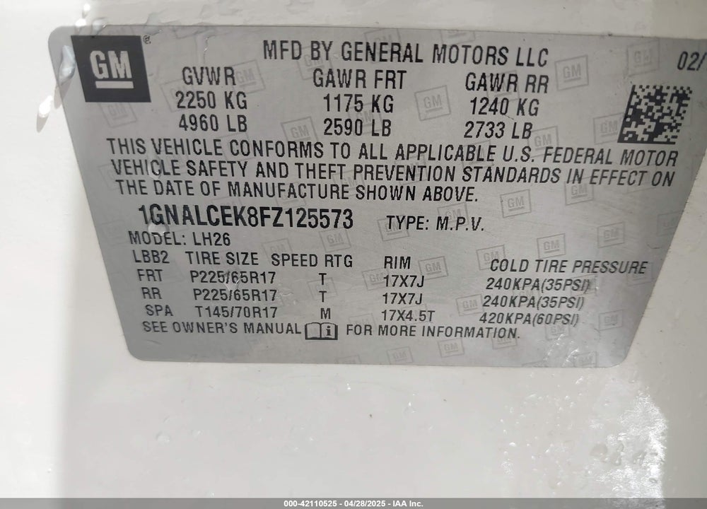 2015 CHEVROLET EQUINOX 2LT VIN: 1GNALCEK8FZ125573