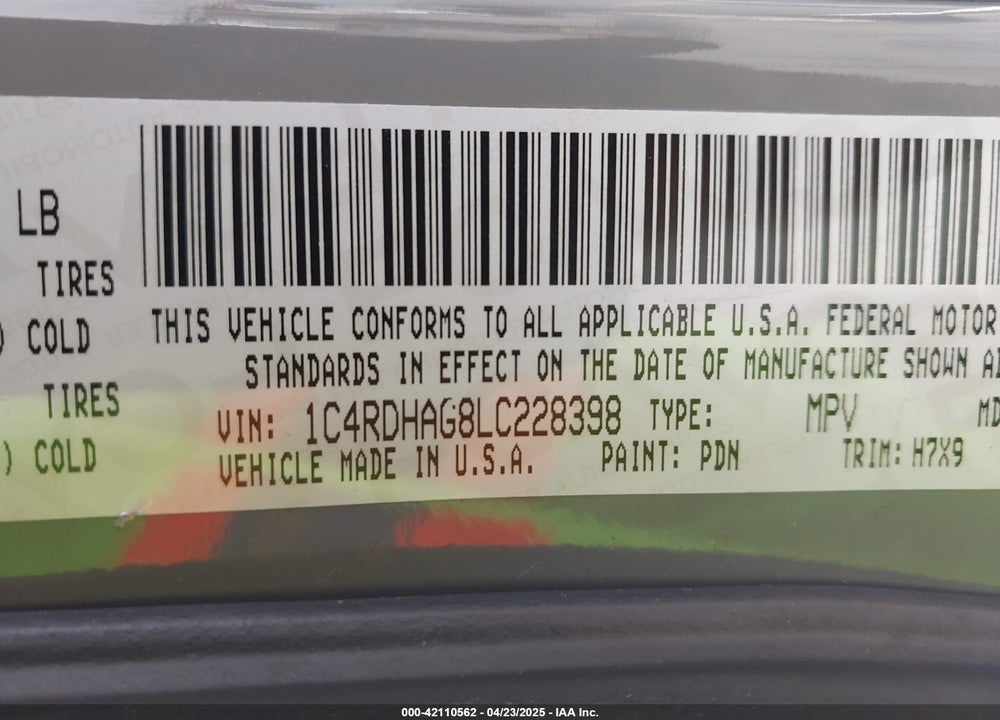 2020 DODGE DURANGO VIN: 1C4RDHAG8LC228398