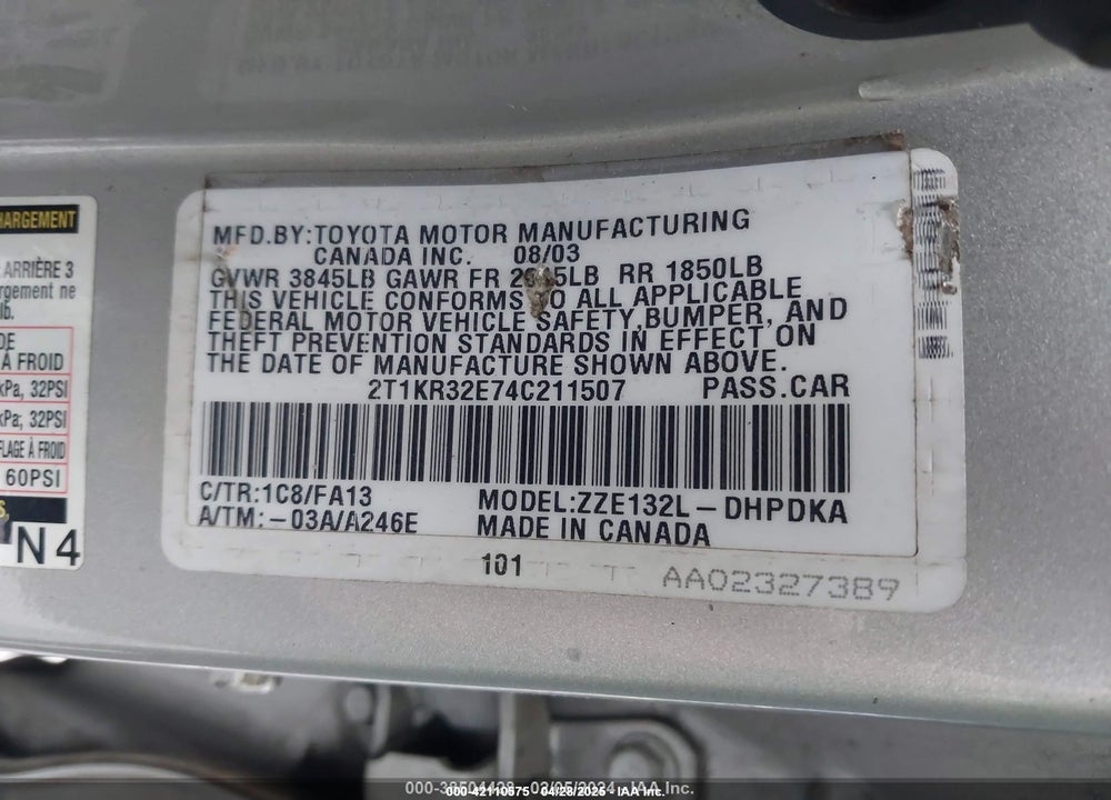 2004 TOYOTA MATRIX STD VIN: 2T1KR32E74C211507