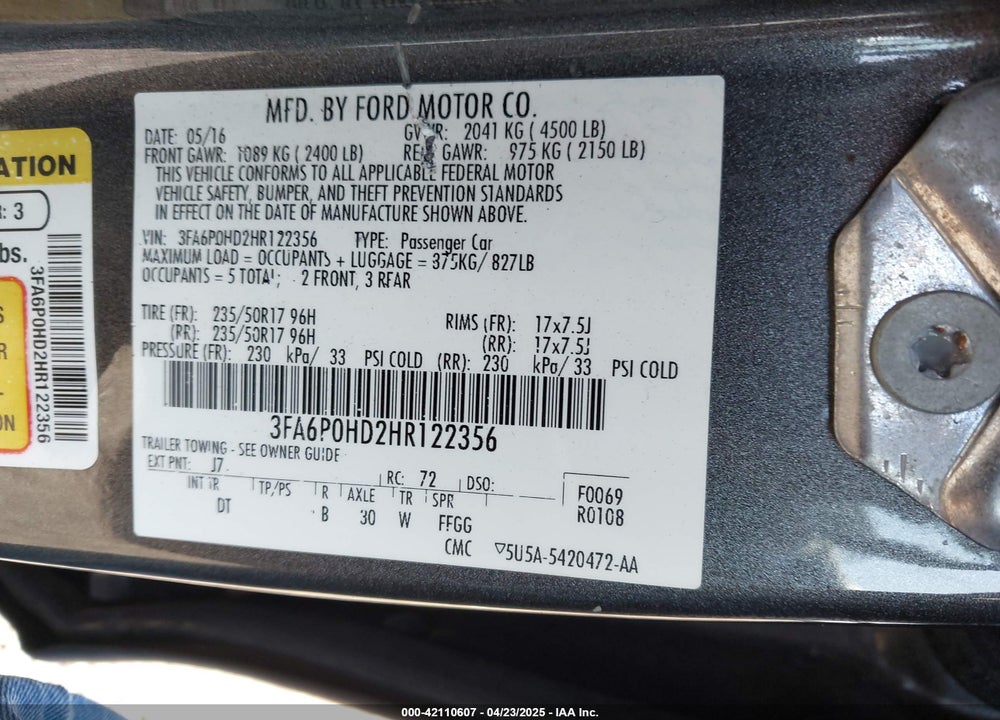2017 FORD FUSION SE VIN: 3FA6P0HD2HR122356
