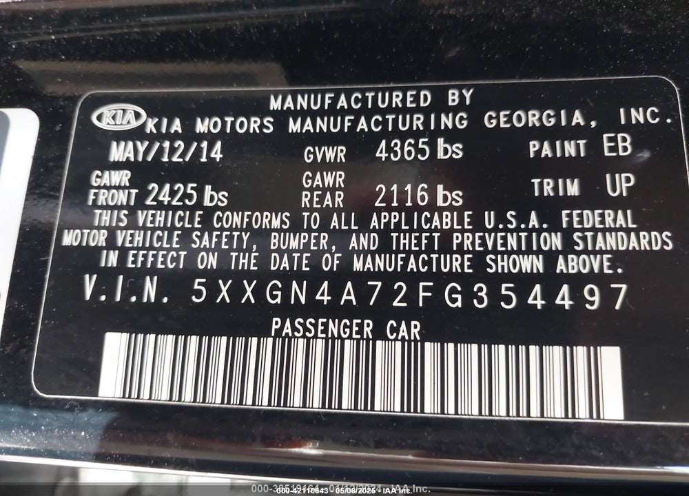 2015 KIA OPTIMA VIN: 5XXGN4A72FG354497