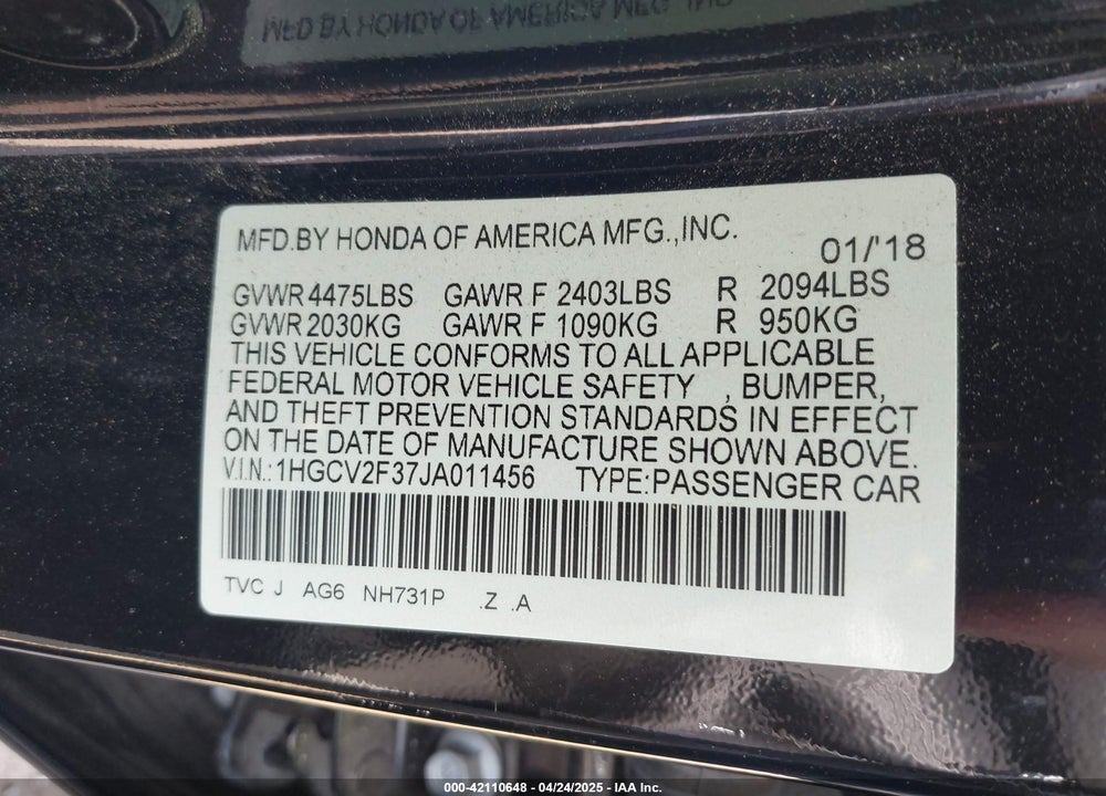 2018 HONDA ACCORD VIN: 1HGCV2F37JA011456