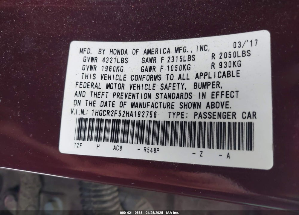 2017 HONDA ACCORD SPORT VIN: 1HGCR2F52HA192756