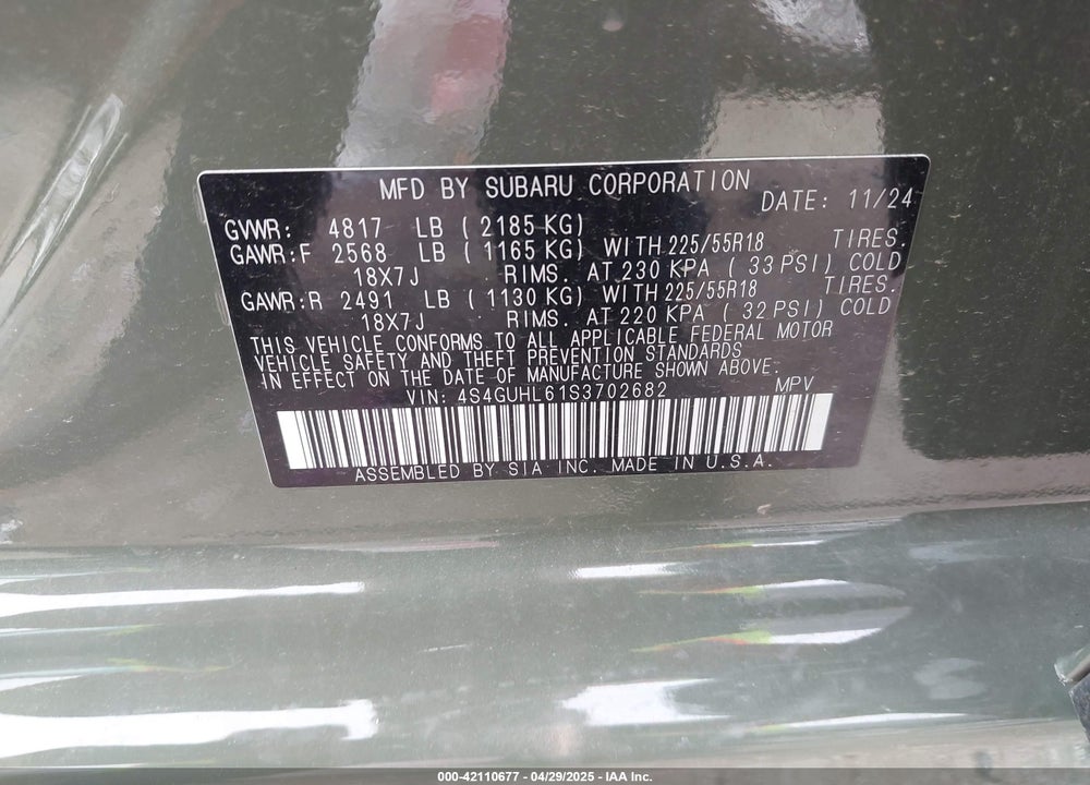 2025 SUBARU CROSSTREK VIN: 4S4GUHL61S3702682
