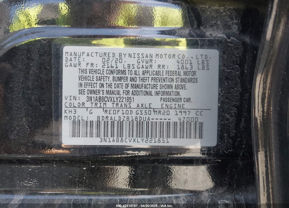 2020 NISSAN SENTRA SV XTRONIC CVT VIN: 3N1AB8CVXLY221851