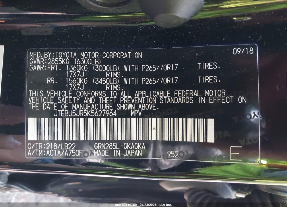 2019 TOYOTA 4RUNNER VIN: JTEBU5JR5K5627964
