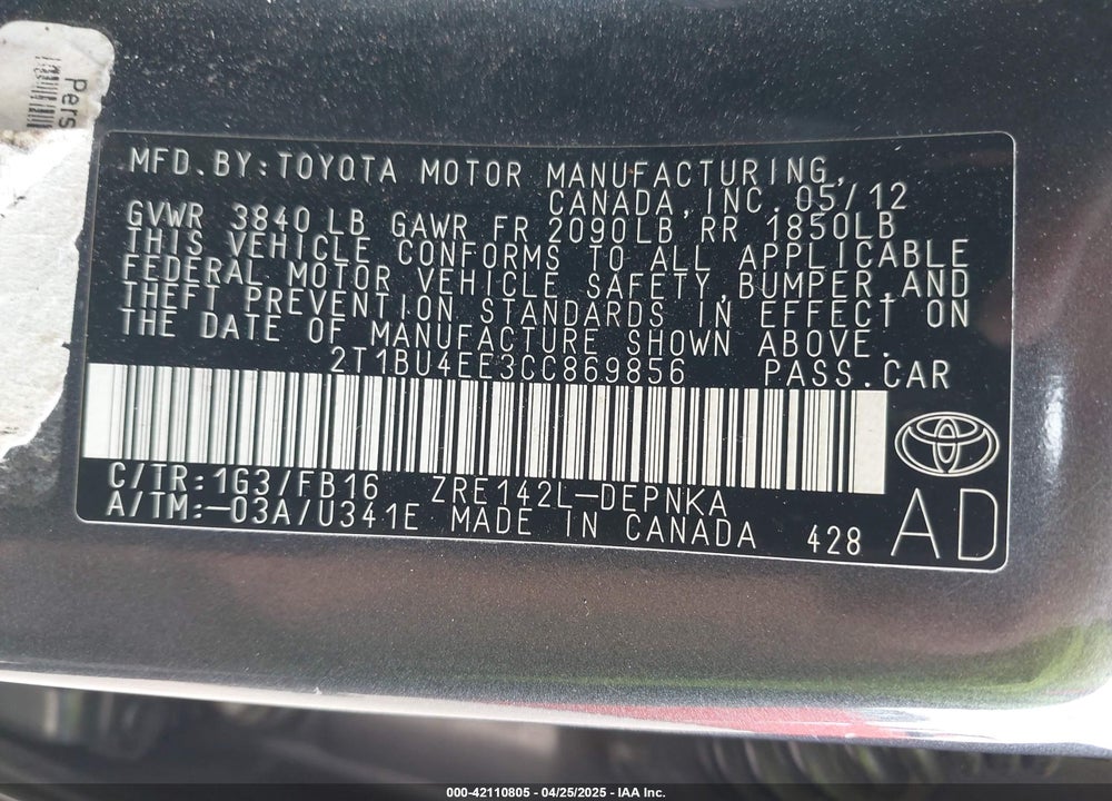 2012 TOYOTA COROLLA LE VIN: 2T1BU4EE3CC869856