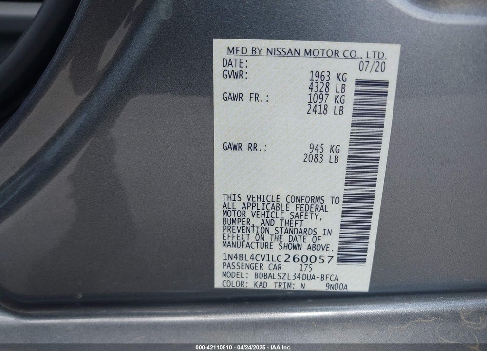 2020 NISSAN ALTIMA VIN: 1N4BL4CV1LC260057