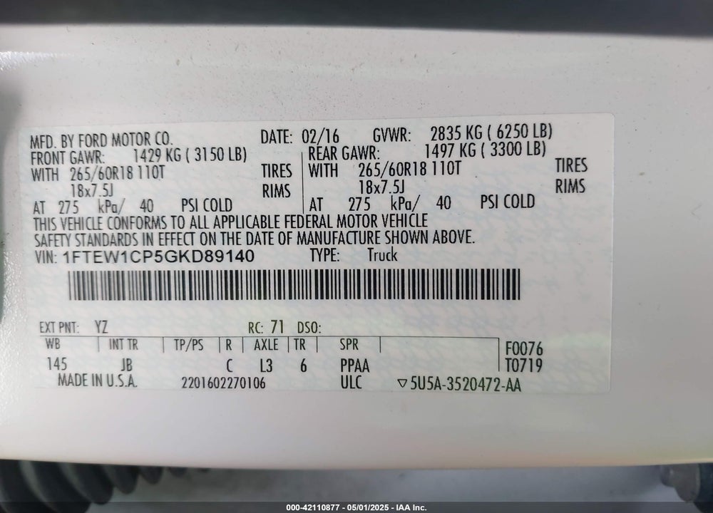 2016 FORD F-150 VIN: 1FTEW1CP5GKD89140