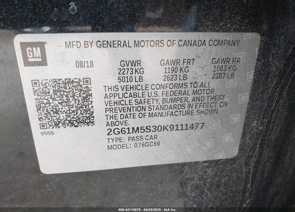 2019 CADILLAC XTS VIN: 2G61M5S30K9111477