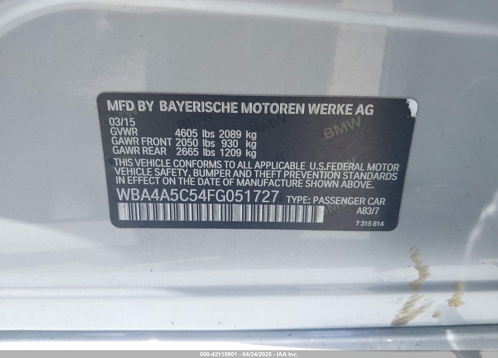 2015 BMW 4 SERIES VIN: WBA4A5C54FG051727