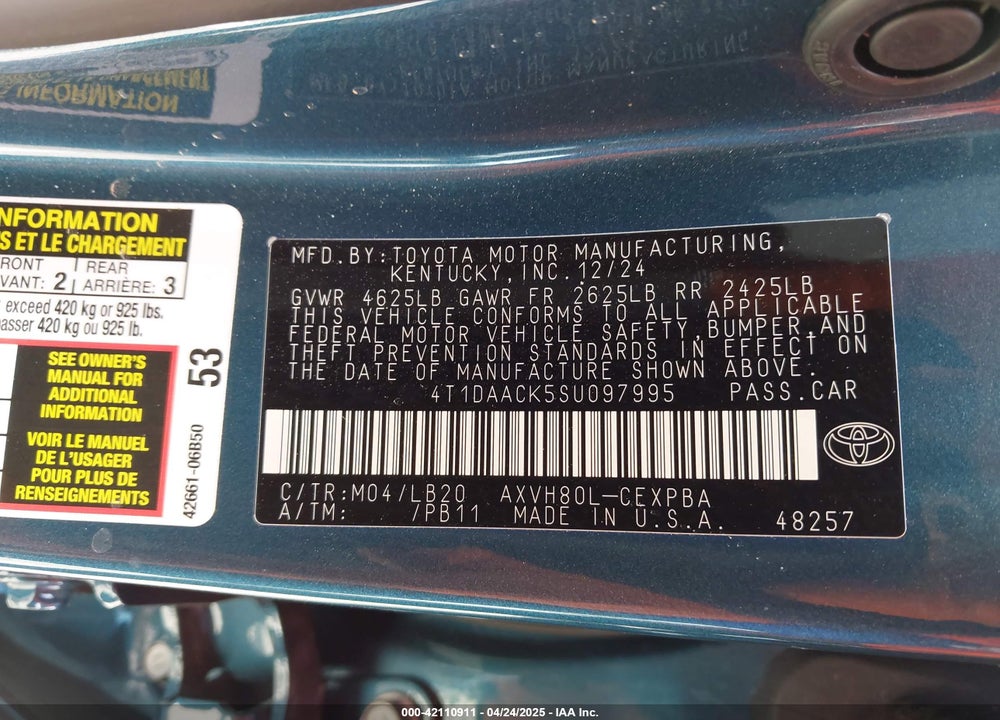 2025 TOYOTA CAMRY XSE VIN: 4T1DAACK5SU097995