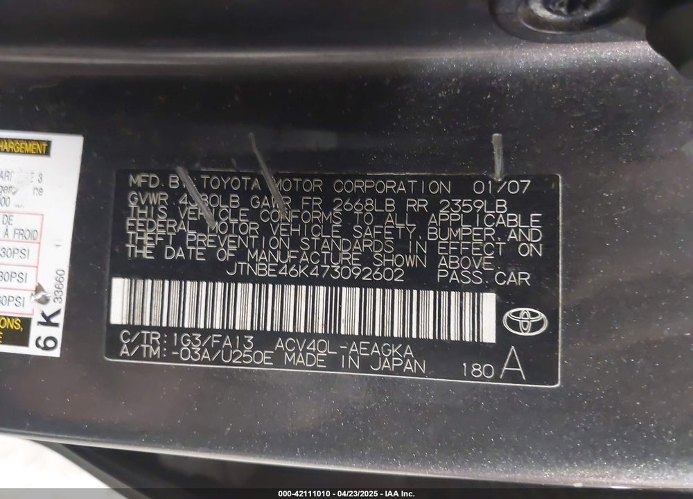 2007 TOYOTA CAMRY VIN: JTNBE46K473092602