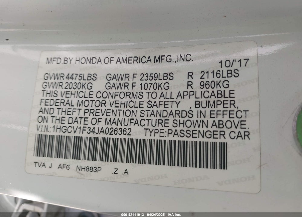 2018 HONDA ACCORD SPORT VIN: 1HGCV1F34JA026362