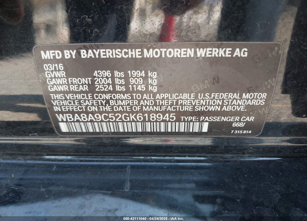 2016 BMW 320I VIN: WBA8A9C52GK618945