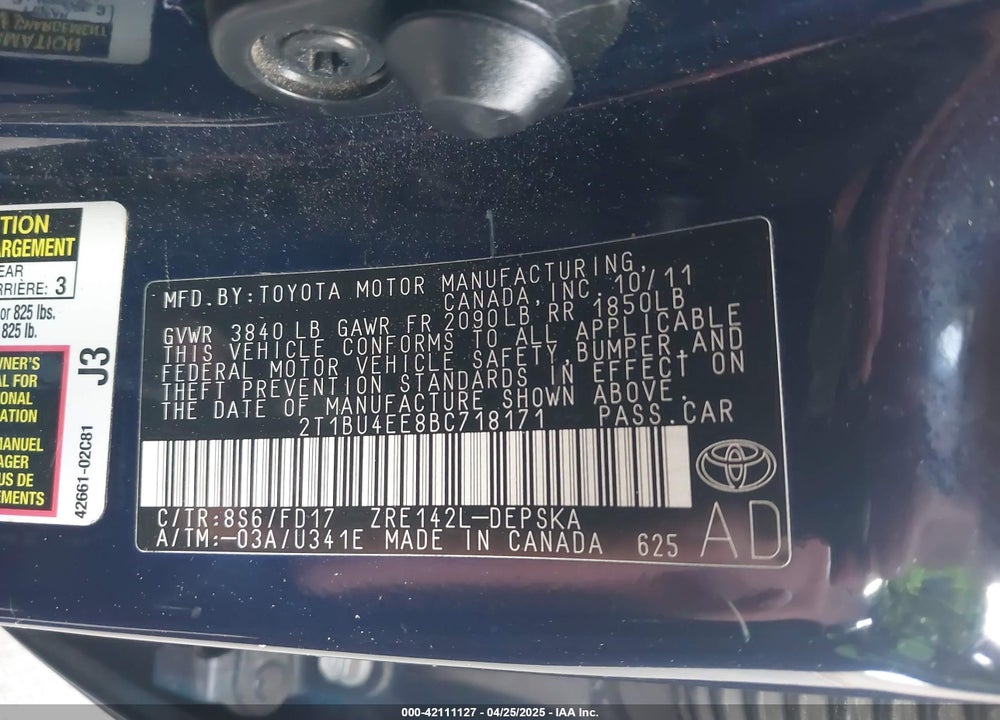 2011 TOYOTA COROLLA S VIN: 2T1BU4EE8BC718171