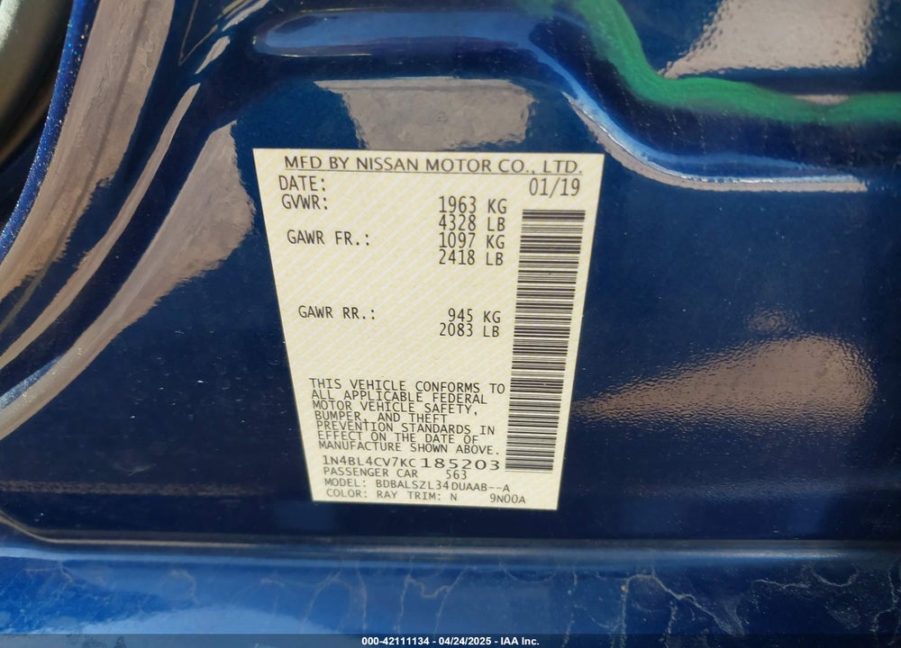 2019 NISSAN ALTIMA VIN: 1N4BL4CV7KC185203
