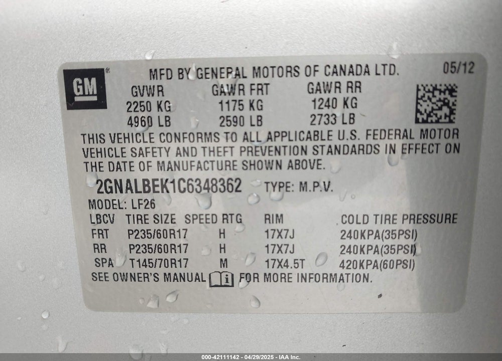 2012 CHEVROLET EQUINOX LS VIN: 2GNALBEK1C6348362