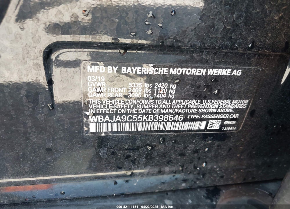 2019 BMW 530E IPERFORMANCE VIN: WBAJA9C55KB398646