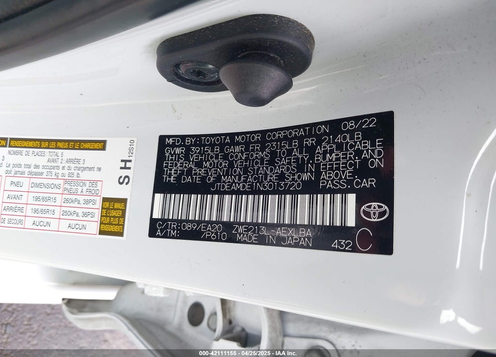 2022 TOYOTA COROLLA HYBRID LE VIN: JTDEAMDE1N3013720