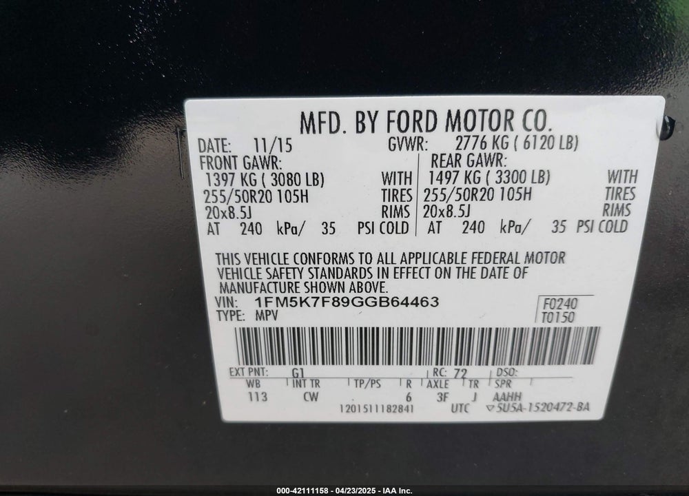 2016 FORD EXPLORER VIN: 1FM5K7F89GGB64463