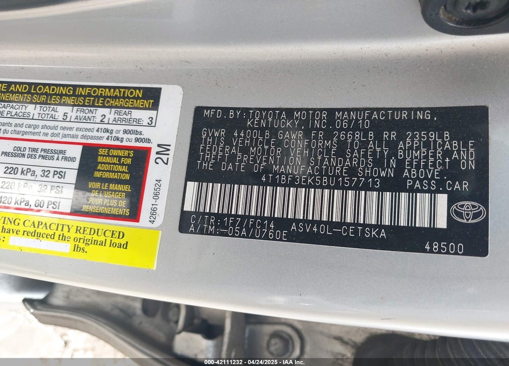 2011 TOYOTA CAMRY SE VIN: 4T1BF3EK5BU157713