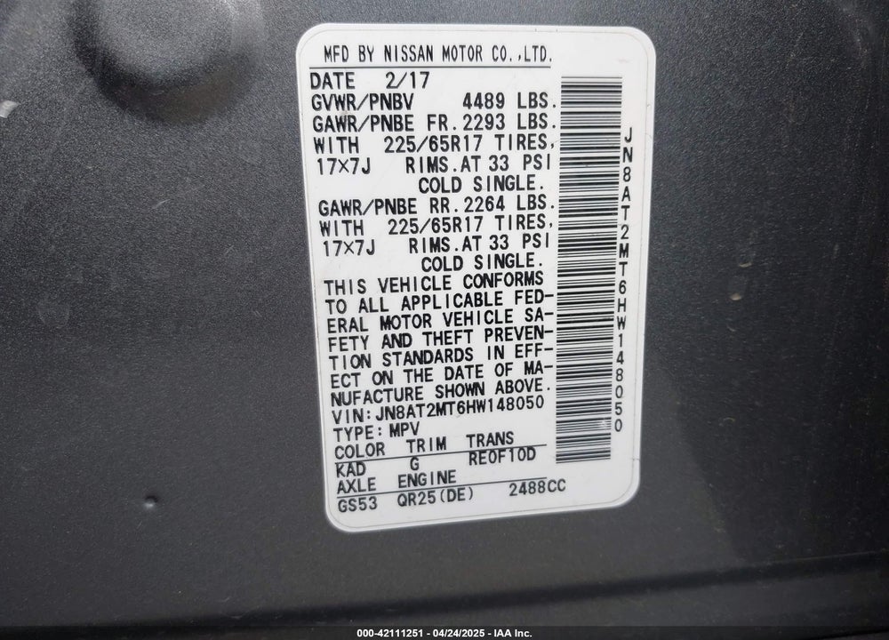 2017 NISSAN ROGUE SV VIN: JN8AT2MT6HW148050