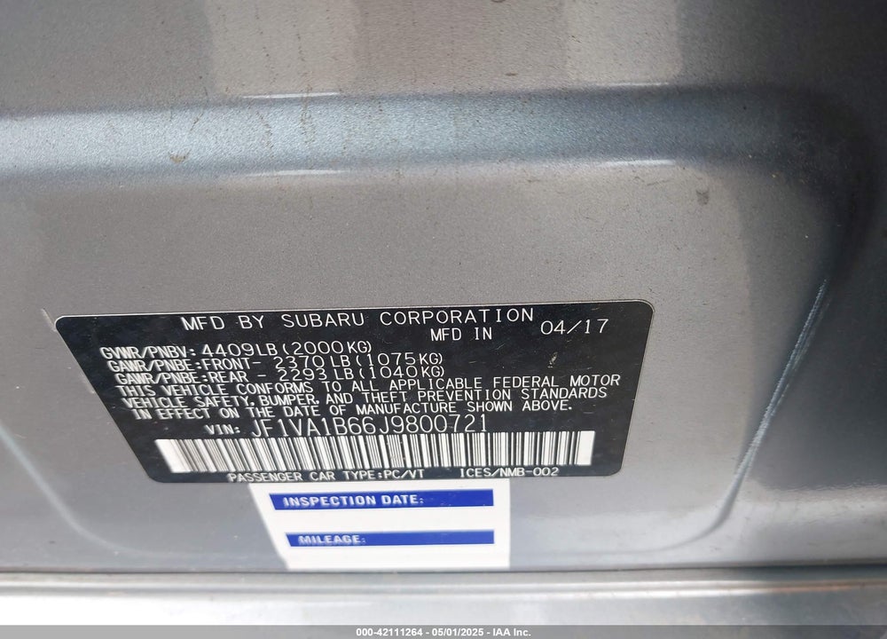 2018 SUBARU WRX PREMIUM VIN: JF1VA1B66J9800721