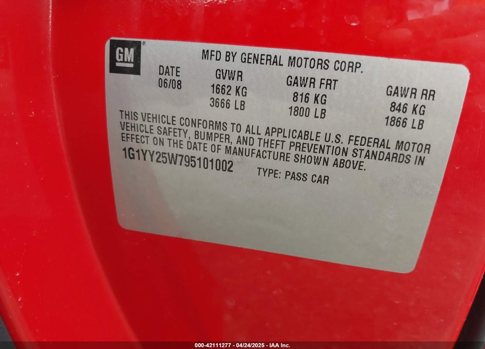 2009 CHEVROLET CORVETTE VIN: 1G1YY25W795101002
