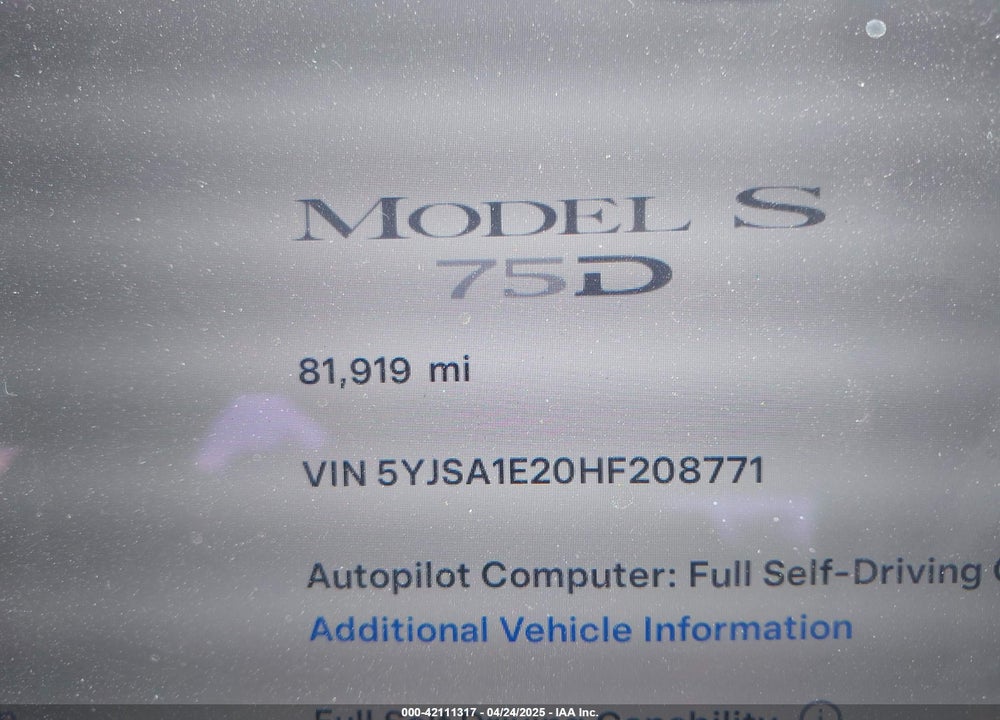 2017 TESLA MODEL S 100D/60D/75D/90D/P100D VIN: 5YJSA1E20HF208771