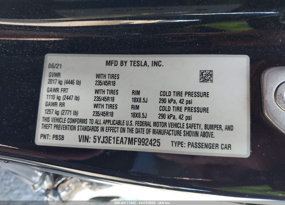 2021 TESLA MODEL 3 STANDARD RANGE PLUS REAR-WHEEL DRIVE VIN: 5YJ3E1EA7MF992425