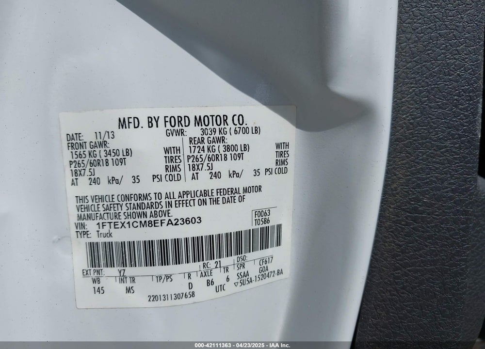 2014 FORD F-150 XLT VIN: 1FTEX1CM8EFA23603