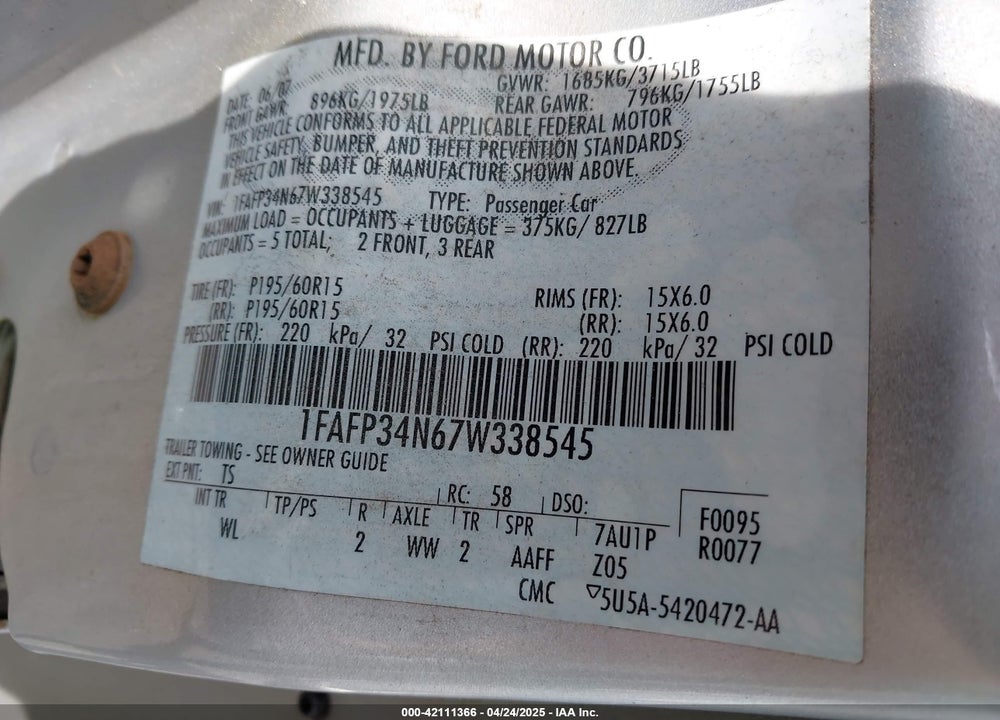 2007 FORD FOCUS S/SE/SES VIN: 1FAFP34N67W338545
