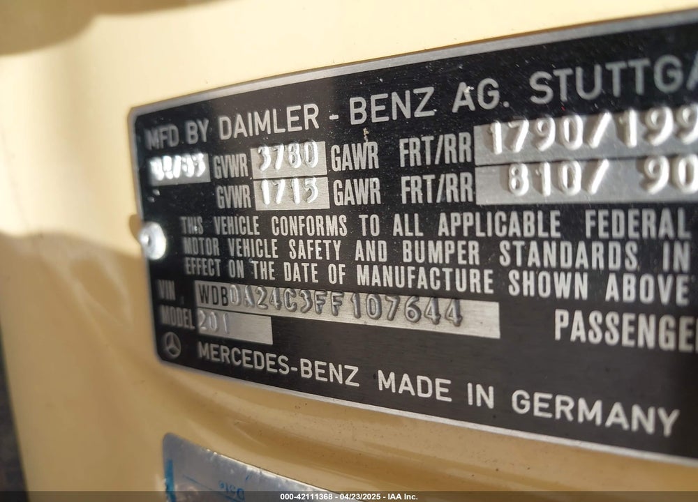 1985 MERCEDES-BENZ 190 E 2.3 VIN: WDBDA24C3FF107644