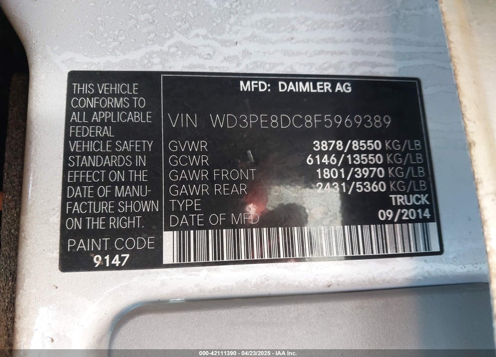 2015 MERCEDES-BENZ SPRINTER 2500 HIGH ROOF VIN: WD3PE8DC8F5969389