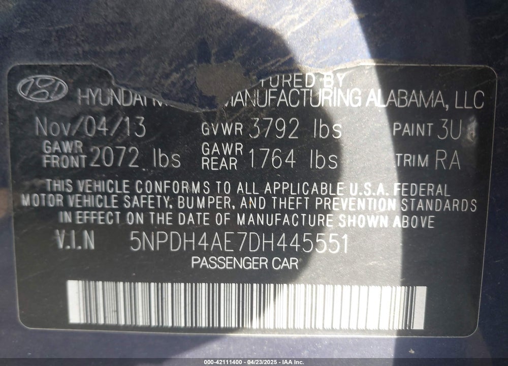 2013 HYUNDAI ELANTRA VIN: 5NPDH4AE7DH445551