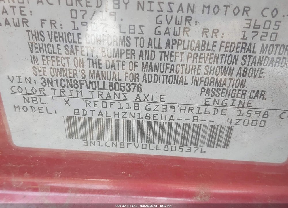 2020 NISSAN VERSA SR XTRONIC CVT VIN: 3N1CN8FV0LL805376