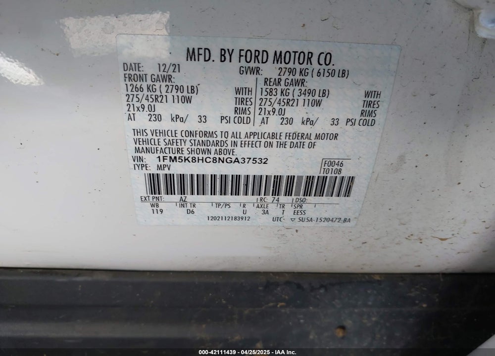 2022 FORD EXPLORER VIN: 1FM5K8HC8NGA37532