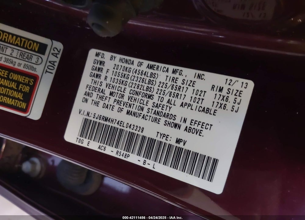 2014 HONDA CR-V VIN: 5J6RM4H74EL043339
