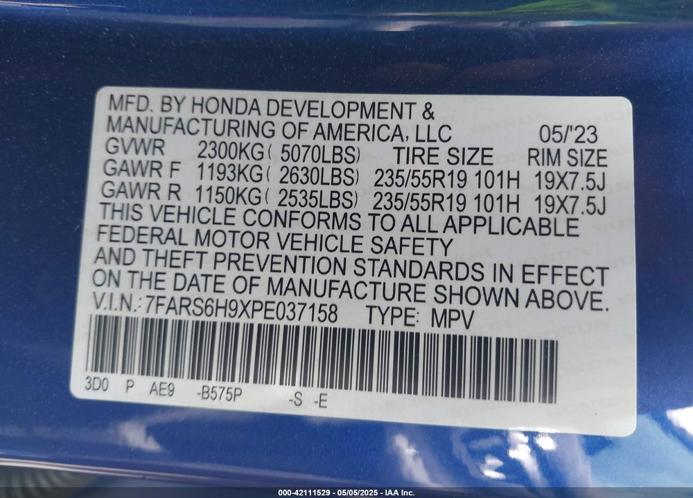 2023 HONDA CR-V VIN: 7FARS6H9XPE037158
