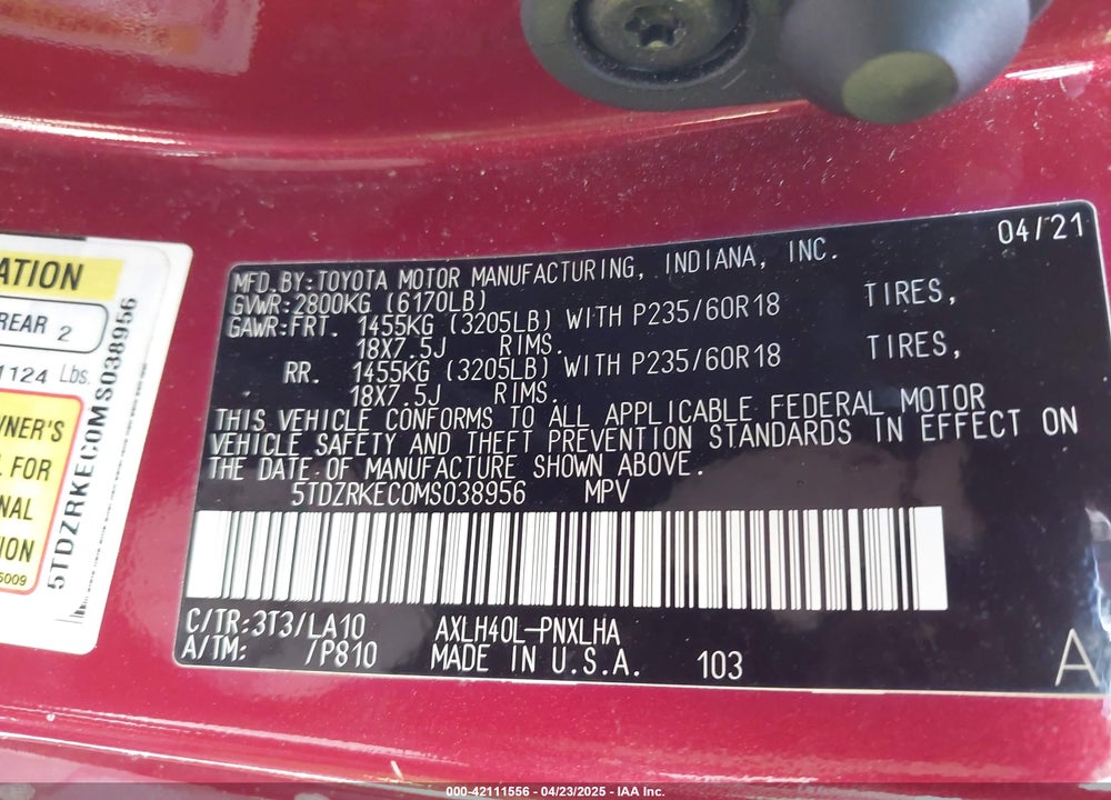 2021 TOYOTA SIENNA LIMITED VIN: 5TDZRKEC0MS038956