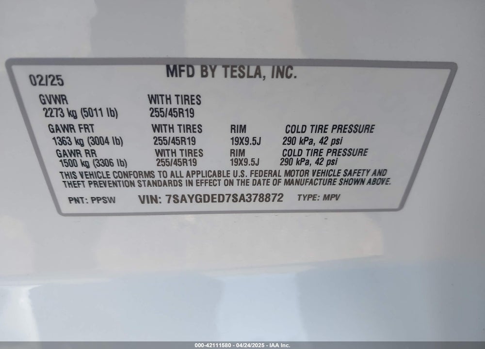 2025 TESLA MODEL Y LONG RANGE DUAL MOTOR ALL-WHEEL DRIVE VIN: 7SAYGDED7SA378872