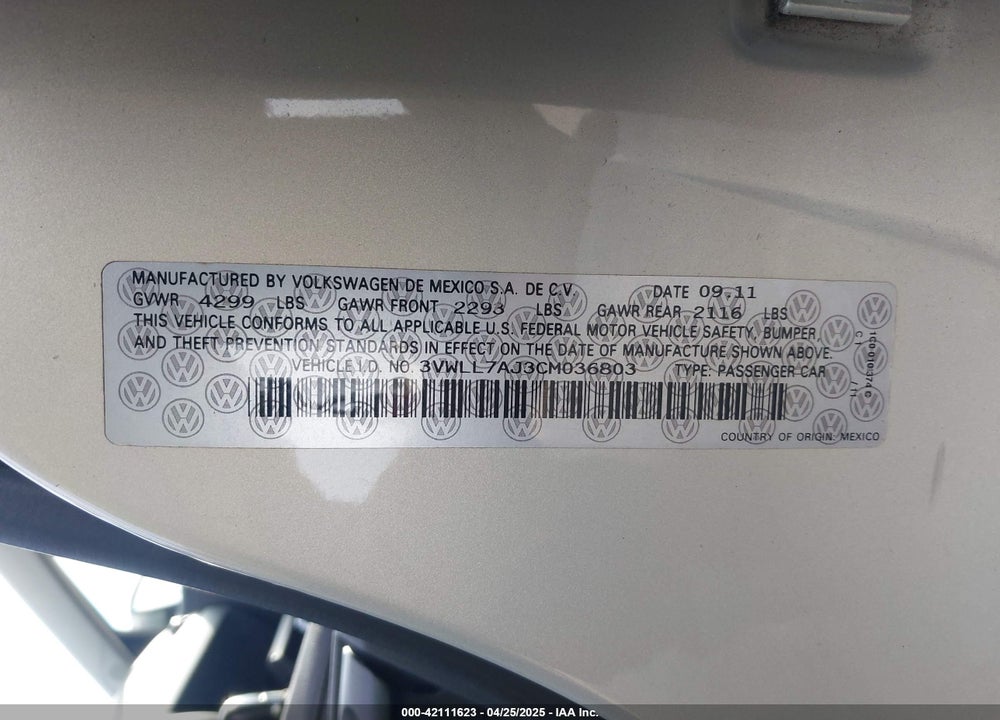 2012 VOLKSWAGEN JETTA 2.0L TDI VIN: 3VWLL7AJ3CM036803