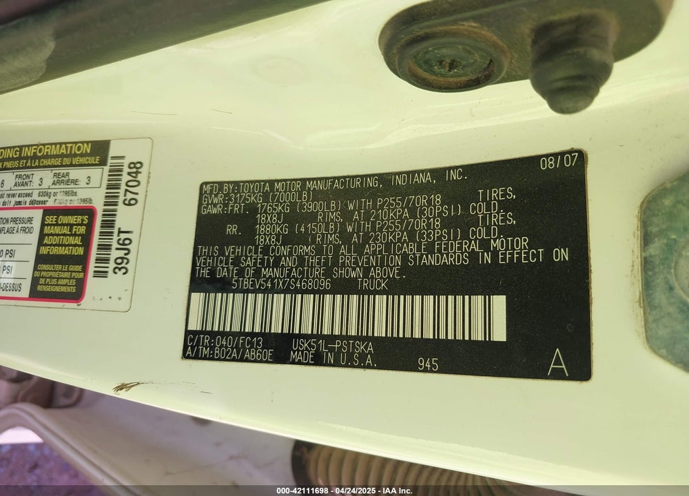2007 TOYOTA TUNDRA SR5 5.7L V8 VIN: 5TBEV541X7S468096
